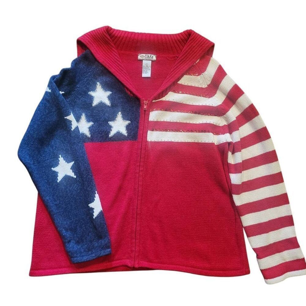 Vintage Tiara Sweater Women's Large Red White Blue American Flag Sequin Cotton